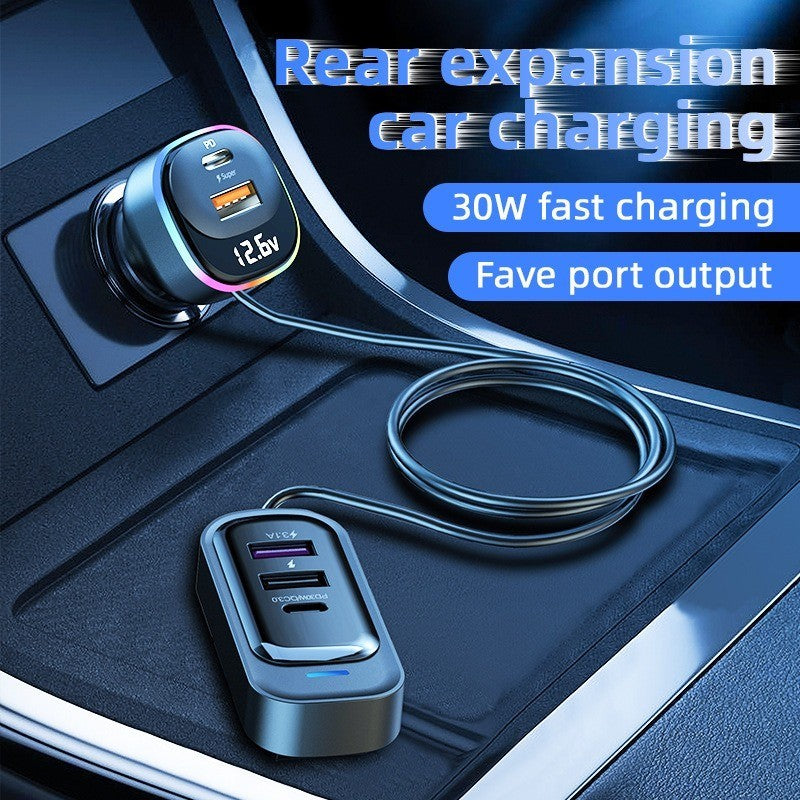 30W PD Fast Car Charger with Built-in Cable Rear Seat Multi-Port Clip