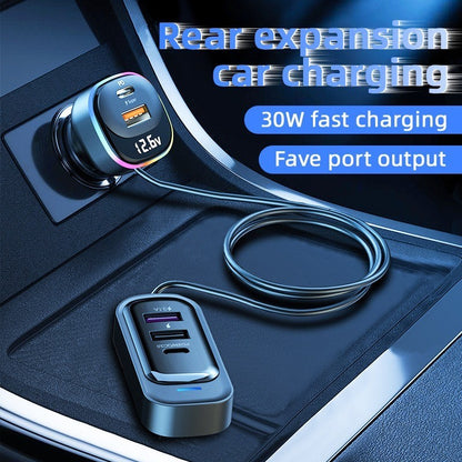 30W PD Fast Car Charger with Built-in Cable Rear Seat Multi-Port Clip