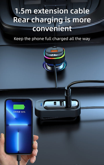 30W PD Fast Car Charger with Built-in Cable Rear Seat Multi-Port Clip