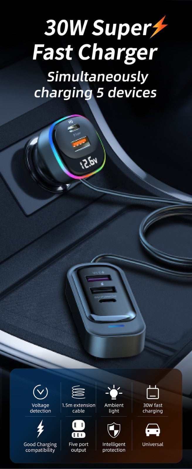 30W PD Fast Car Charger with Built-in Cable Rear Seat Multi-Port Clip