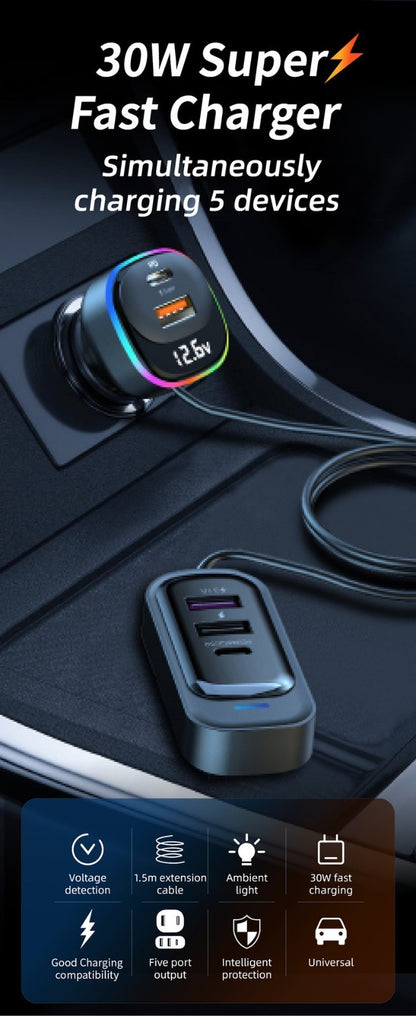 30W PD Fast Car Charger with Built-in Cable Rear Seat Multi-Port Clip