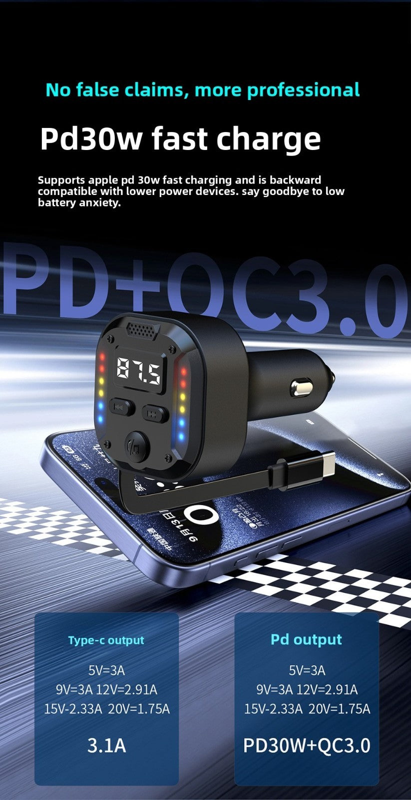 Super Fast Flash Charging Retractable Bluetooth Car Charger Dual USB Cigarette