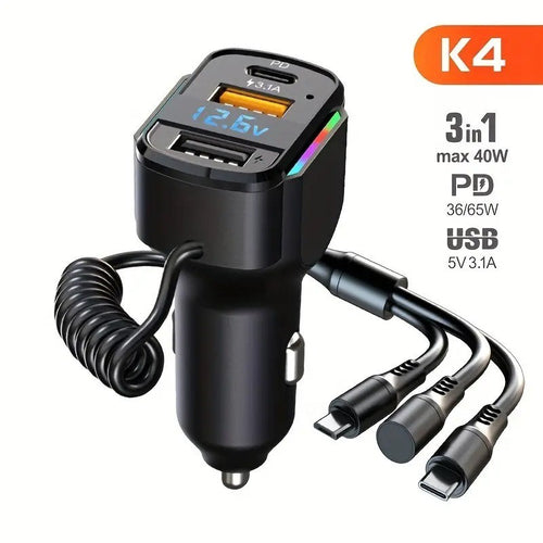 3-in-1 Cable Car PD Charger Dual USB Fast Charging Cigarette Lighter Adapter