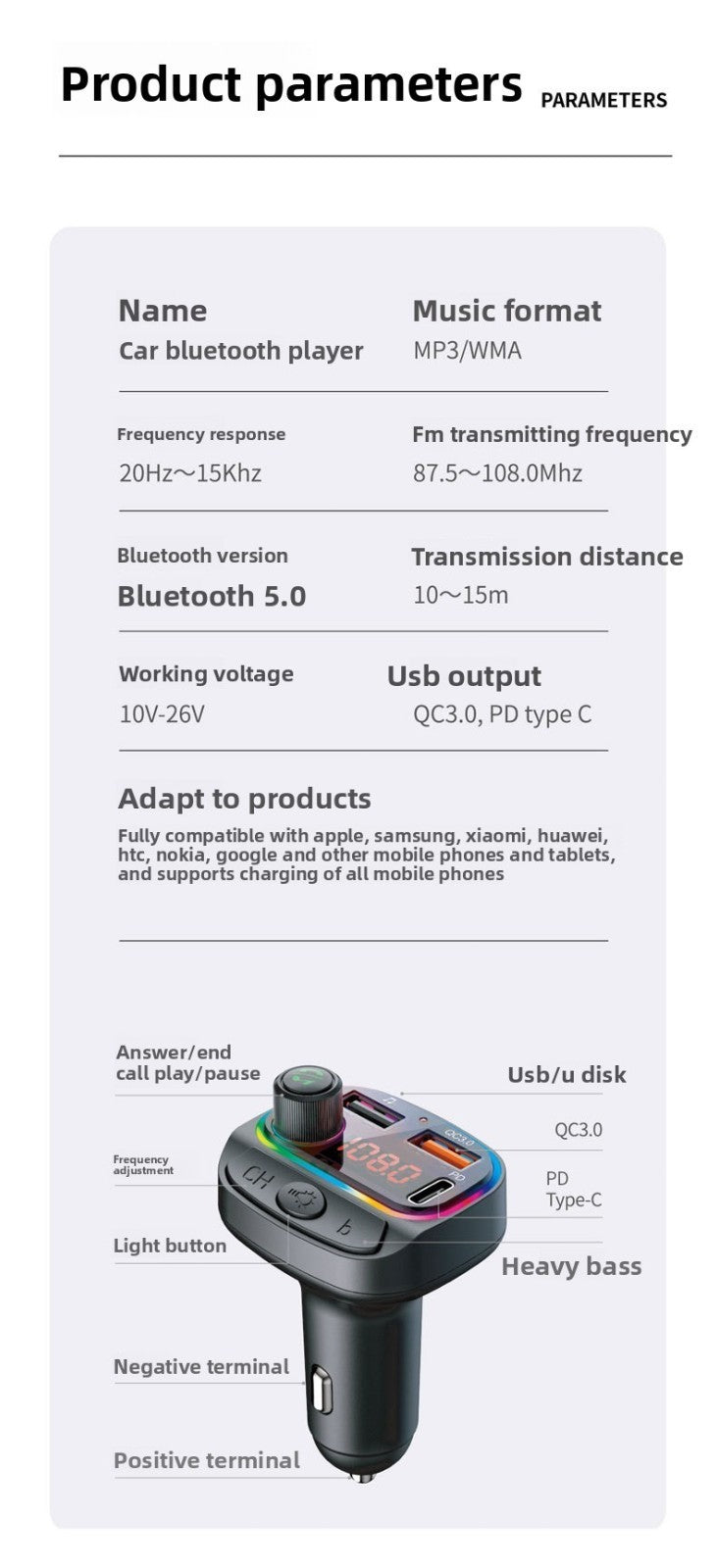 Bluetooth Car FM Transmitter MP3 Player RGB Light QC3.0 Fast Charging