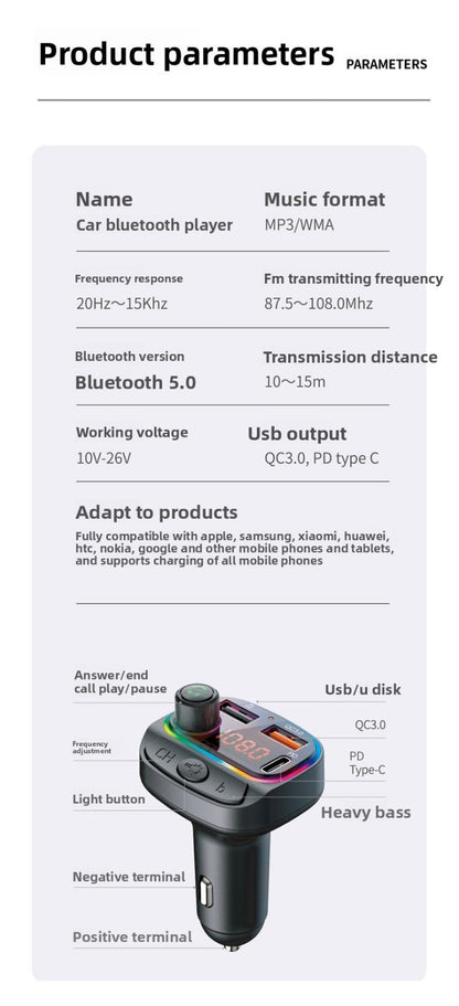 Bluetooth Car FM Transmitter MP3 Player RGB Light QC3.0 Fast Charging
