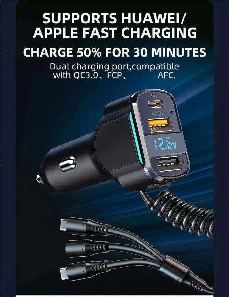 3-in-1 Cable Car PD Charger Dual USB Fast Charging Cigarette Lighter Adapter