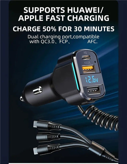 3-in-1 Cable Car PD Charger Dual USB Fast Charging Cigarette Lighter Adapter