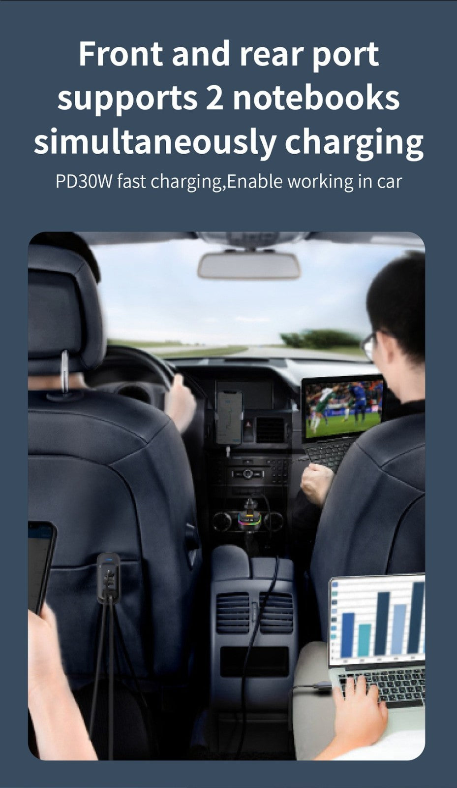 30W PD Fast Car Charger with Built-in Cable Rear Seat Multi-Port Clip