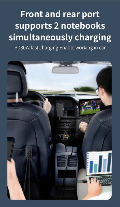 30W PD Fast Car Charger with Built-in Cable Rear Seat Multi-Port Clip