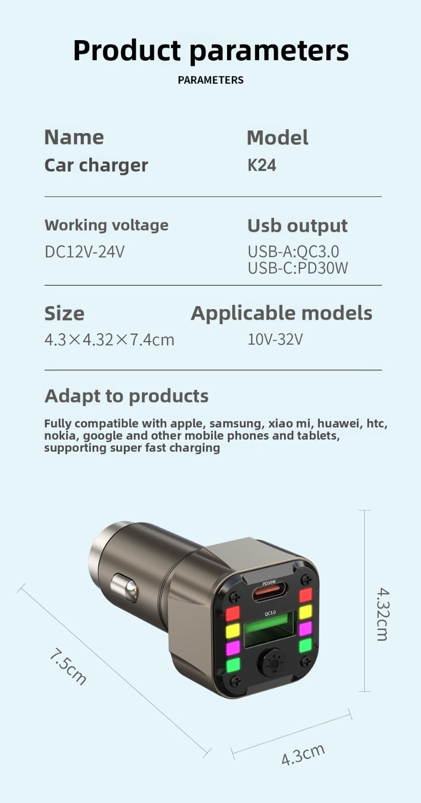 Super Fast Car Charger PD30W QC3.0 Dual USB with Charging Cable for Huawei iPhon