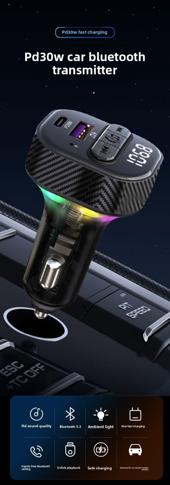 Hands-Free Bluetooth FM Transmitter MP3 Player PD Fast Car Charger