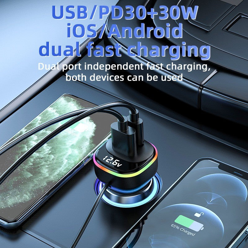 30W PD Fast Car Charger with Built-in Cable Rear Seat Multi-Port Clip