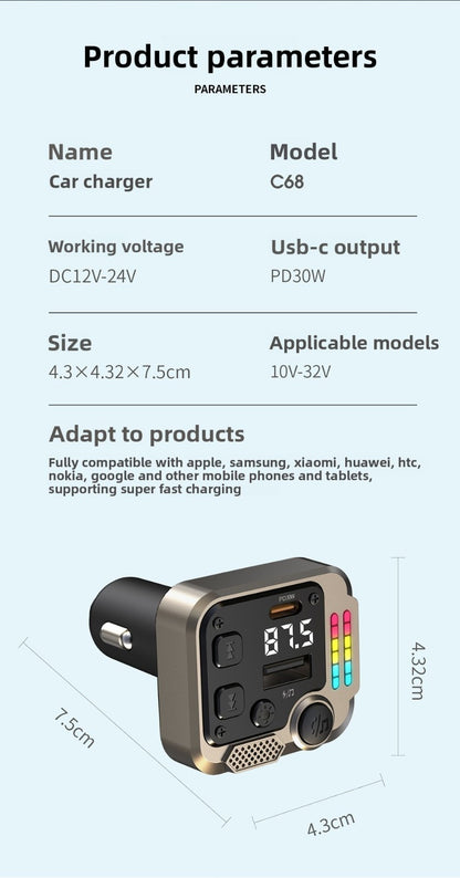Dual Port Bluetooth Car Charger PD Fast Charging FM Transmitter MP3 Player