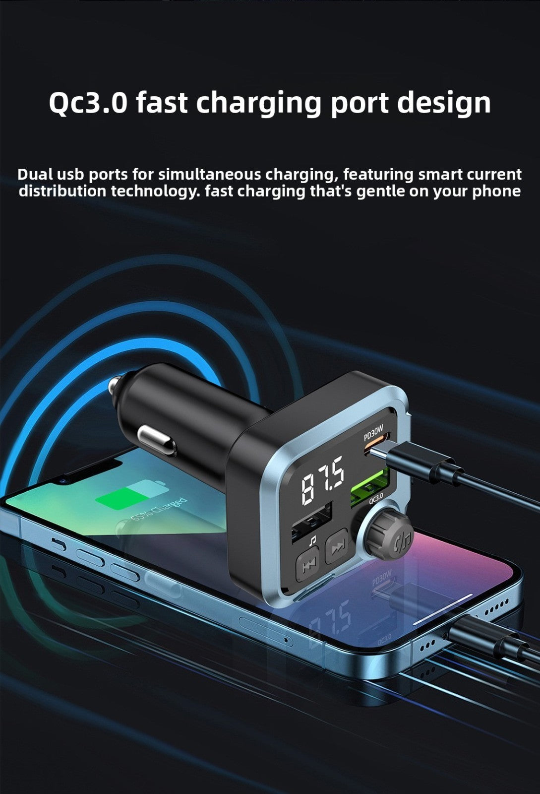 Handsfree Bluetooth Car FM Transmitter MP3 Player PD 30W Fast Charger