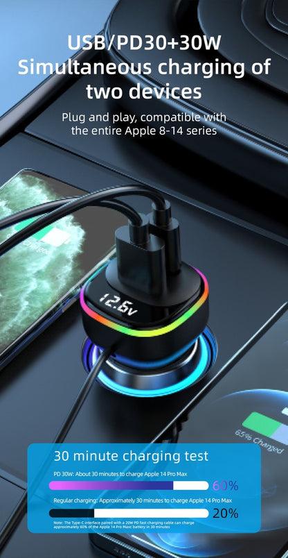 30W PD Fast Car Charger with Built-in Cable Rear Seat Multi-Port Clip