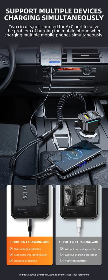 3-in-1 Cable Car PD Charger Dual USB Fast Charging Cigarette Lighter Adapter