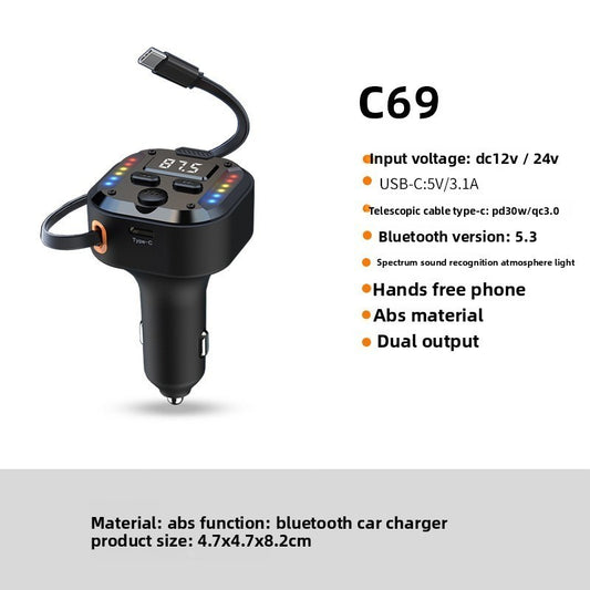 Super Fast Flash Charging Retractable Bluetooth Car Charger Dual USB Cigarette