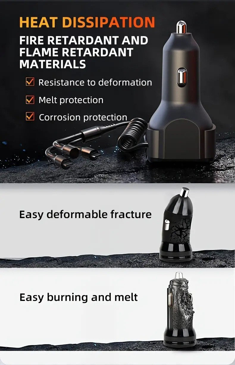 3-in-1 Cable Car PD Charger Dual USB Fast Charging Cigarette Lighter Adapter
