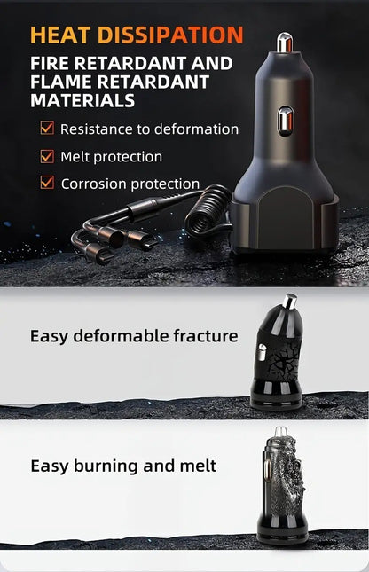 3-in-1 Cable Car PD Charger Dual USB Fast Charging Cigarette Lighter Adapter