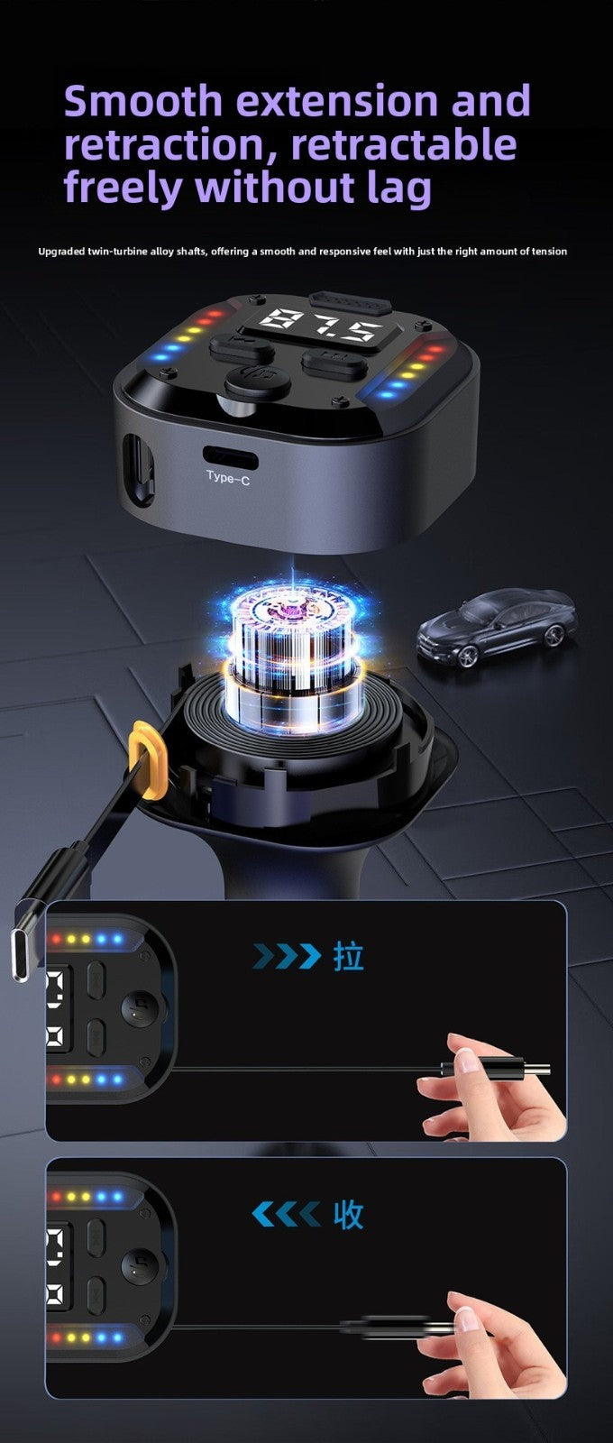 Super Fast Flash Charging Retractable Bluetooth Car Charger Dual USB Cigarette