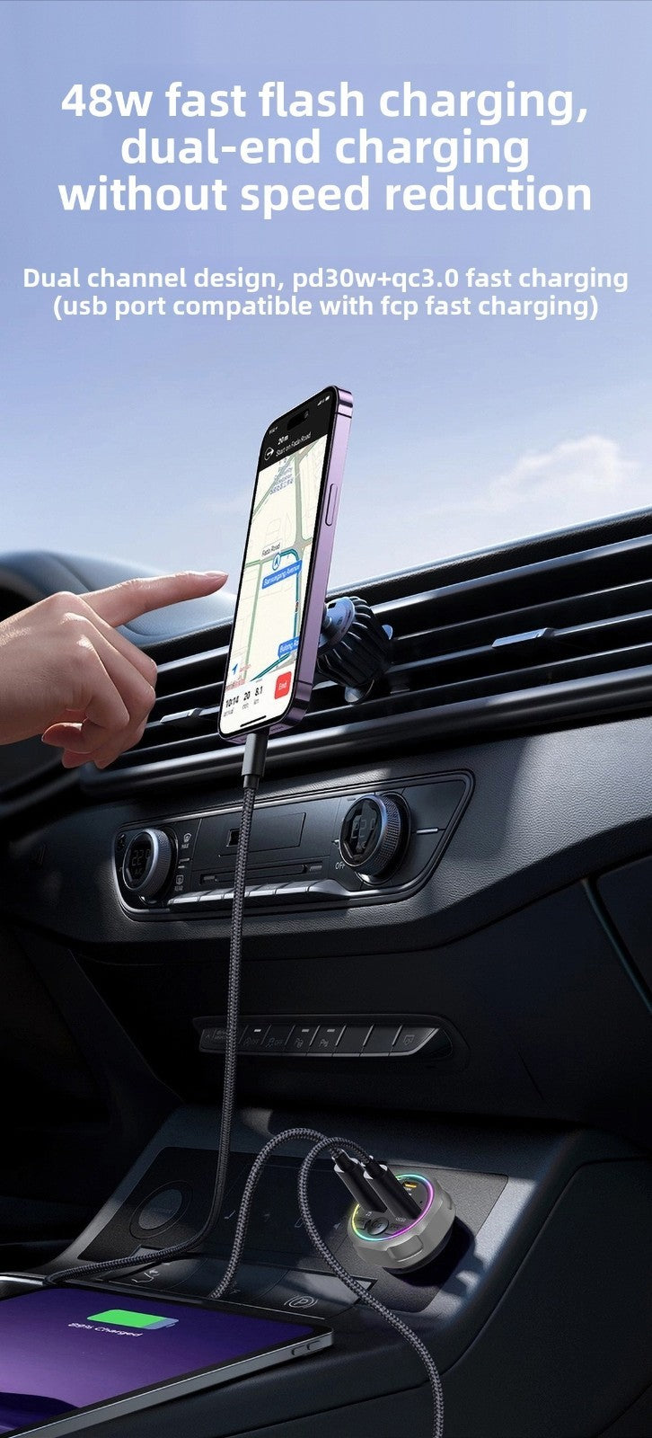 C63 Bluetooth Speakerphone Car FM Transmitter Super Fast Charging Visor Clip