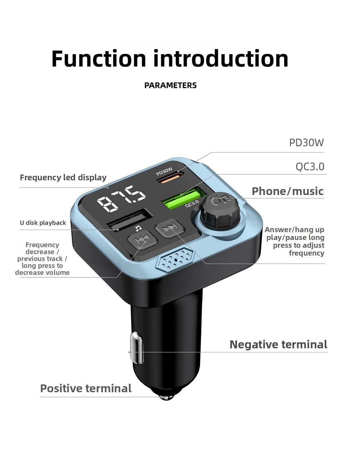 Handsfree Bluetooth Car FM Transmitter MP3 Player PD 30W Fast Charger