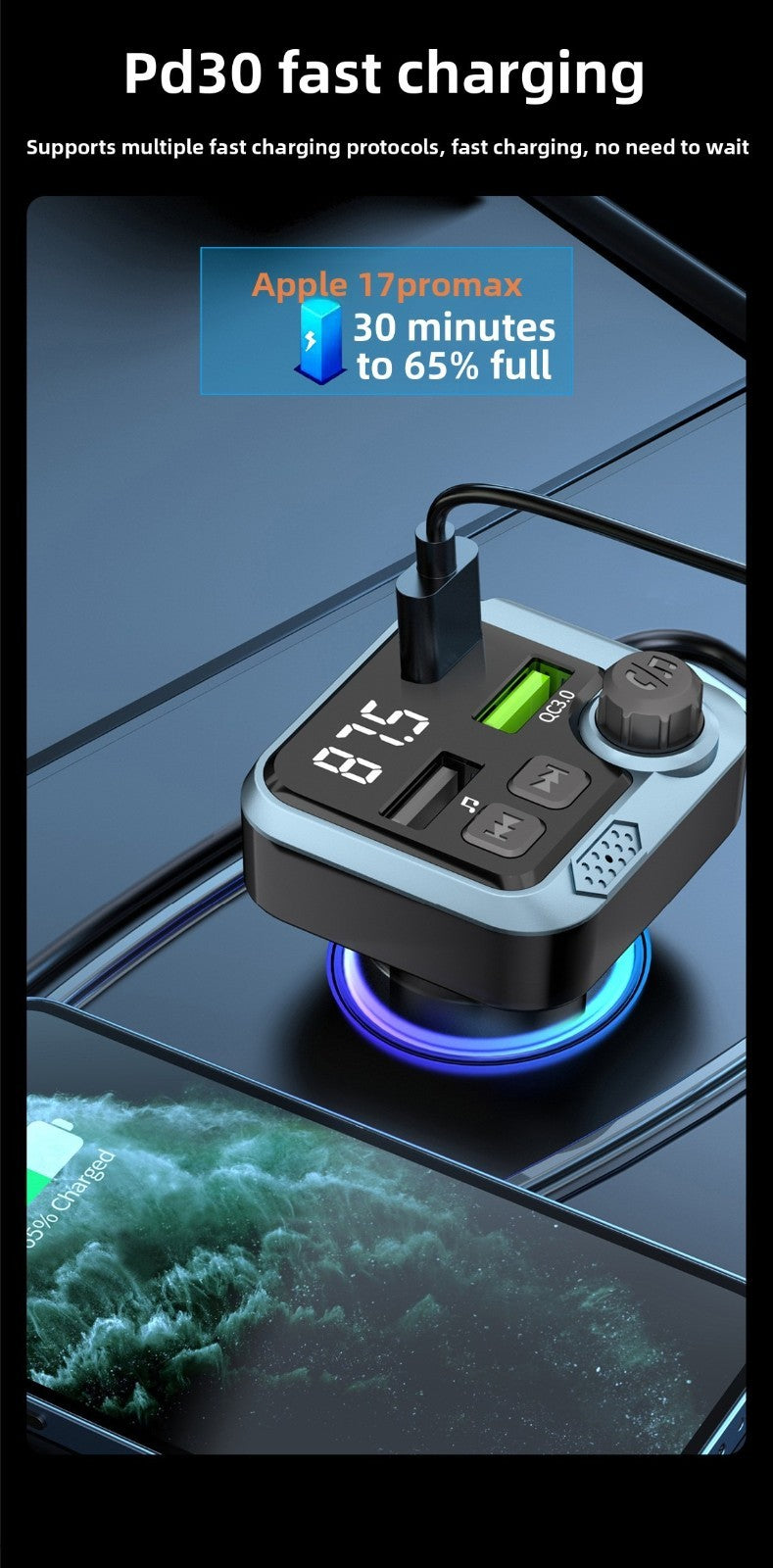 Handsfree Bluetooth Car FM Transmitter MP3 Player PD 30W Fast Charger