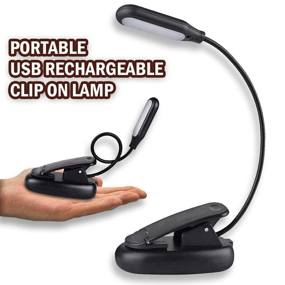 Gooseneck LED Reading Book Light Clip on Bed Rechargeable USB Table Night Lamp