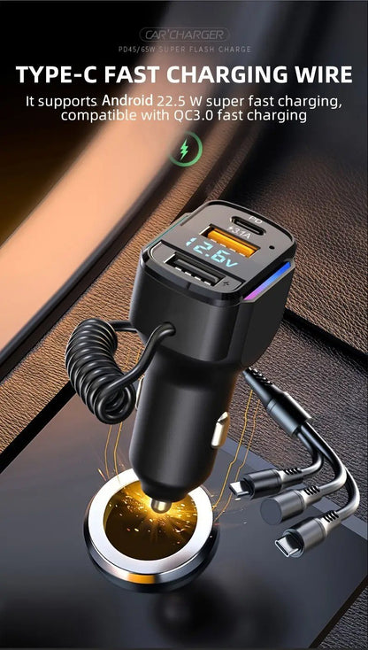 3-in-1 Cable Car PD Charger Dual USB Fast Charging Cigarette Lighter Adapter