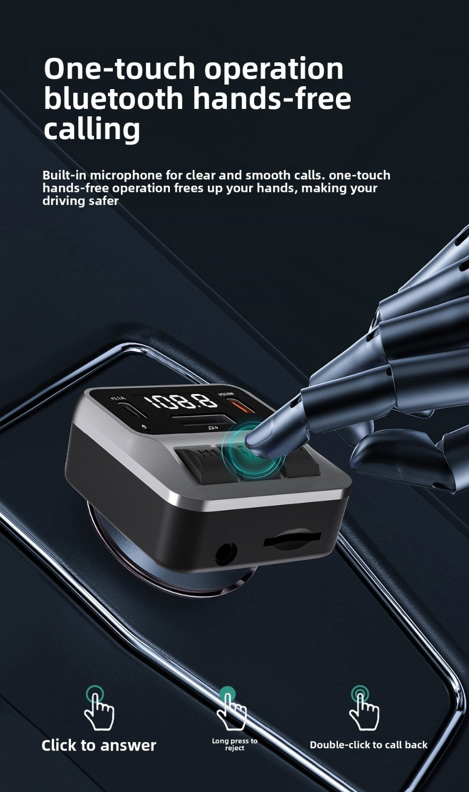C65 Bluetooth Speakerphone FM Transmitter Fast Charging Visor Clip Mount