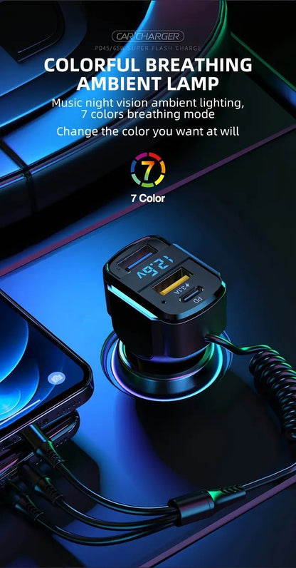 3-in-1 Cable Car PD Charger Dual USB Fast Charging Cigarette Lighter Adapter