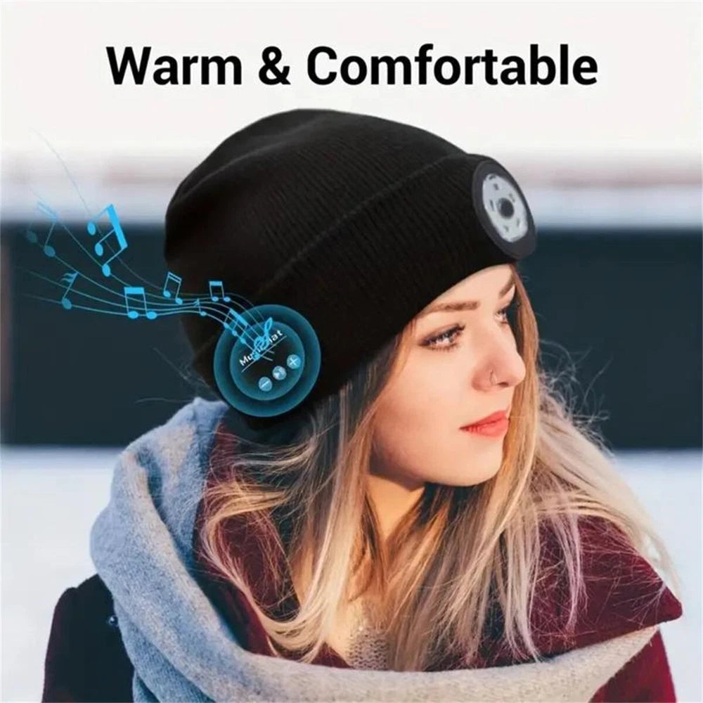 Bluetooth LED Beanie Hat with Music Speakers Mic Rechargeable Cap Head Lamp Gift