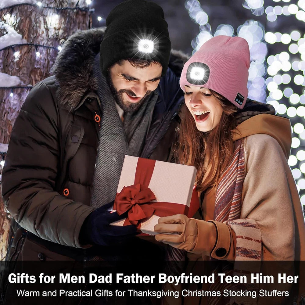 Bluetooth LED Beanie Hat with Music Speakers Mic Rechargeable Cap Head Lamp Gift
