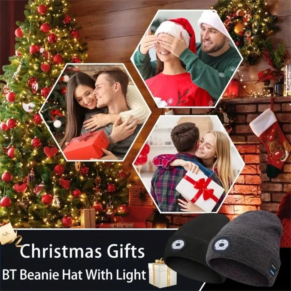Bluetooth LED Beanie Hat with Music Speakers Mic Rechargeable Cap Head Lamp Gift