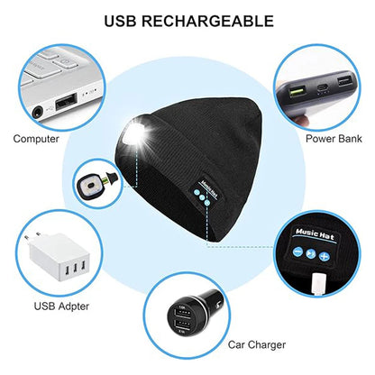 Bluetooth LED Beanie Hat with Music Speakers Mic Rechargeable Cap Head Lamp Gift