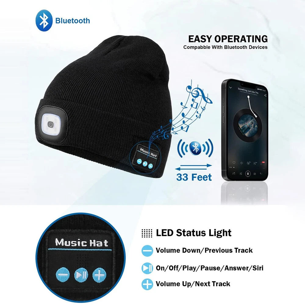 Bluetooth LED Beanie Hat with Music Speakers Mic Rechargeable Cap Head Lamp Gift