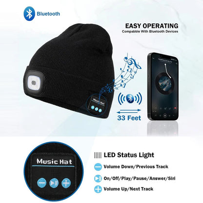 Bluetooth LED Beanie Hat with Music Speakers Mic Rechargeable Cap Head Lamp Gift