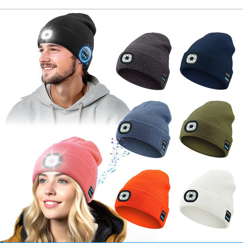 Bluetooth Beanie Hat with Light, Unisex USB Rechargeable 4 LED Headlamp Cap with