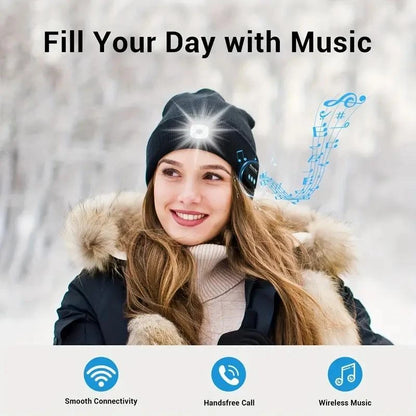 Bluetooth LED Beanie Hat with Music Speakers Mic Rechargeable Cap Head Lamp Gift