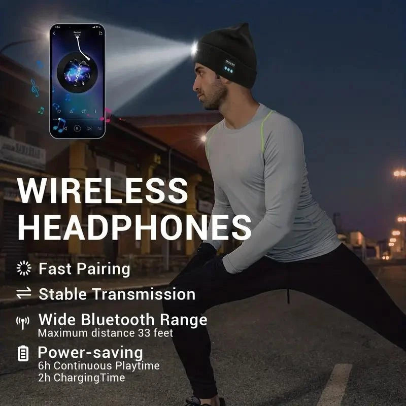 Bluetooth LED Beanie Hat with Music Speakers Mic Rechargeable Cap Head Lamp Gift