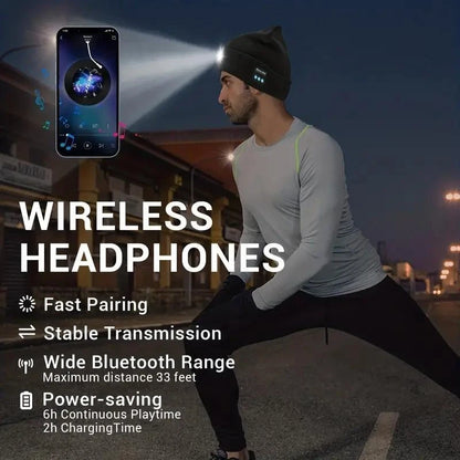 Bluetooth LED Beanie Hat with Music Speakers Mic Rechargeable Cap Head Lamp Gift