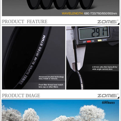 Zomei Infrared IR filter 680nm for camera DSLR 25/30/37/49/52/55/58/62/67/72mm