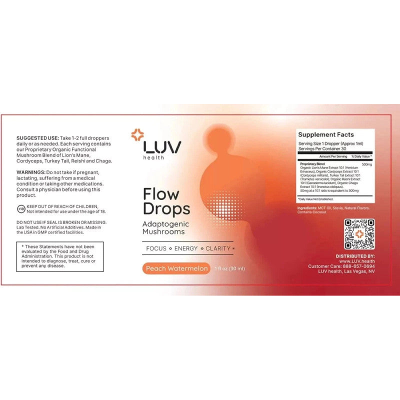 LUV Health Flow Drops - Adaptogen Mushroom Blend - Peach Watermelon Flavor - 1oz