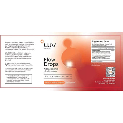 LUV Health Flow Drops - Adaptogen Mushroom Blend - Peach Watermelon Flavor - 1oz