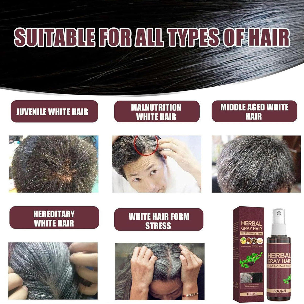 Anti-Gray Hair Growth Serum - 100ml Herbal Spray to Reverse & Prevent White Hair