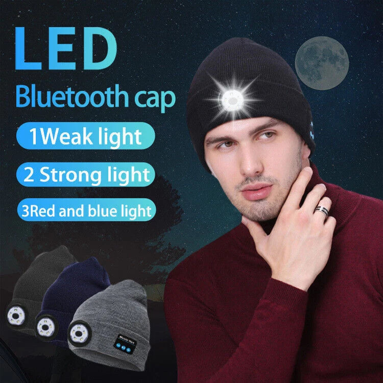 Bluetooth Beanie Hat with Light, Unisex USB Rechargeable 4 LED Headlamp Cap with