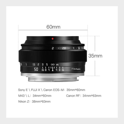 TTArtisan 50mm f2 Full Frame Manual Focus Camera Lens for M43 mount