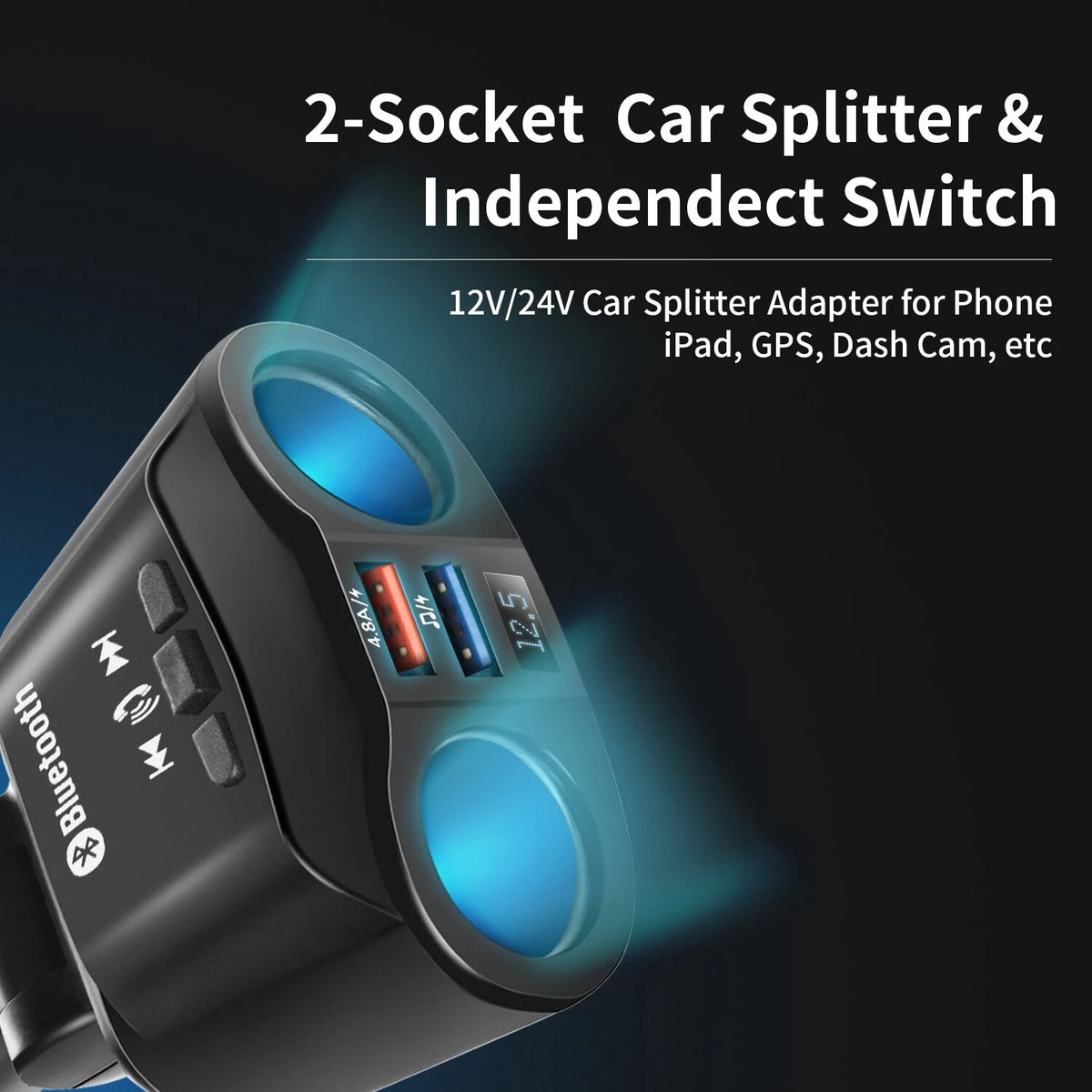 USB Car Charger Bluetooth Splitter Cigarette Lighter Fast Charge Switch Adapter