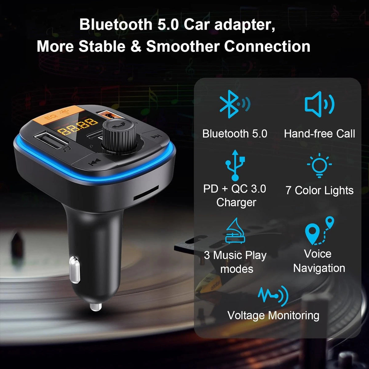 Bluetooth FM Transmitter for Car - BAISHUN Bluetooth Car Adapter PD20W+QC3.0 Cig
