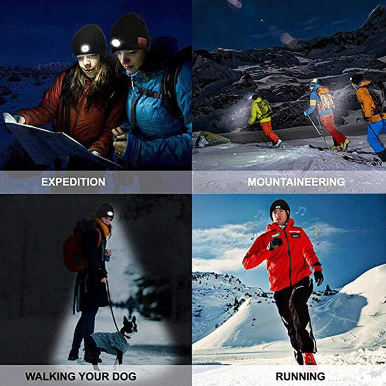 Bluetooth Beanie Hat with Light, Unisex USB Rechargeable 4 LED Headlamp Cap with